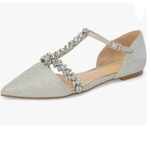 XYD Silver Rhinestone T-Strap Crystal Bridal Flats Sandals Pointy Toe Shoes